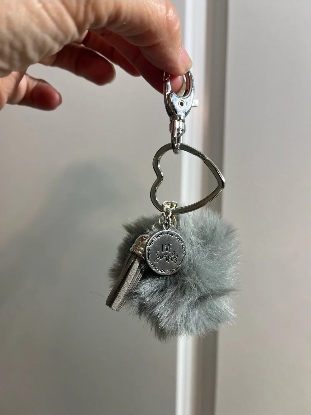 Silver Heart Pom-Pom Keychain with Gray Fur Charm